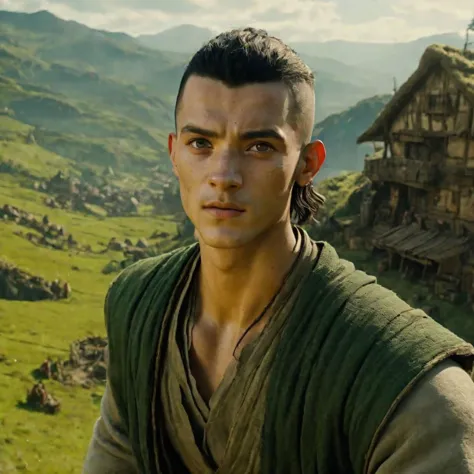 (clothed, masterpiece, wide angle, cinematic establishing shot, young adult Romanian man, 21-23 years old, earth bender, /(Avatar: Legends/), wearing grey and green outfit, highly detailed background:1.2), volumetric lighting, subsurface scattering, dynamic pose, (special effects, color grading, fantasy aura), rural area, hill country, small hamlet in distance, Light breeze, beautiful blue skies, (high quality:1.4), (best quality:1.4), (masterpiece:1.4), official art, official wallpaper, surreal, (detailed landscape:1.1), (whimsical atmosphere:1.1), (powerful energy:1.1), vibrant colors, (detailed:1.05), (extremely detailed:1.06), sharp focus, (intricate:1.03), cinematic lighting, (extremely intricate:1.04), (adorned1.09), <lora:more_details:1.1>