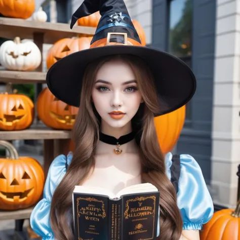 1girl,blurry,blurry background,bookshelf,brown hair,building,choker,cosplay photo,halloween,halloween bucket,halloween costume,hat,holding,jack-o'-lantern,lips,long hair,((have glass shoes)),
magic wand,photo \(medium\),pumpkin,realistic,witch,witch hat,