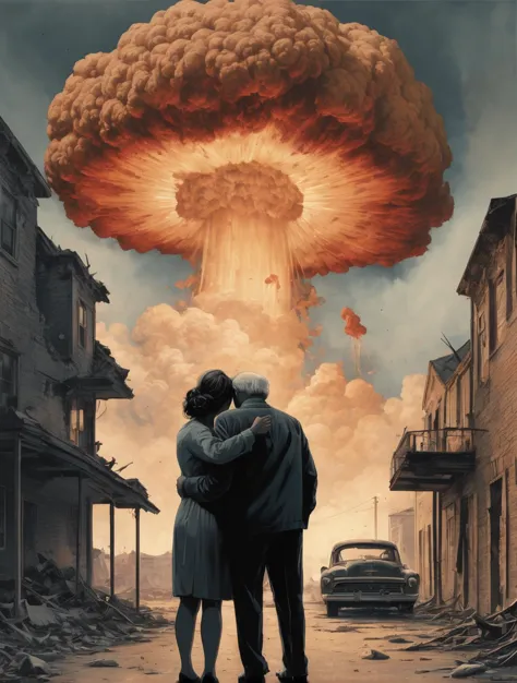 a painting of a man and woman standing in front of a huge mushroom cloud