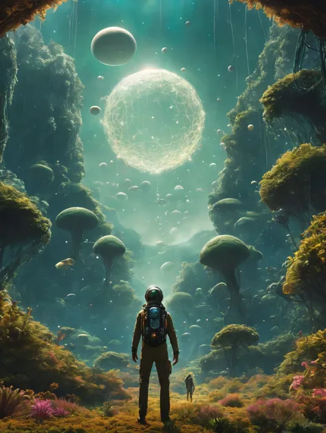 a man standing in a forest looking at a giant moon