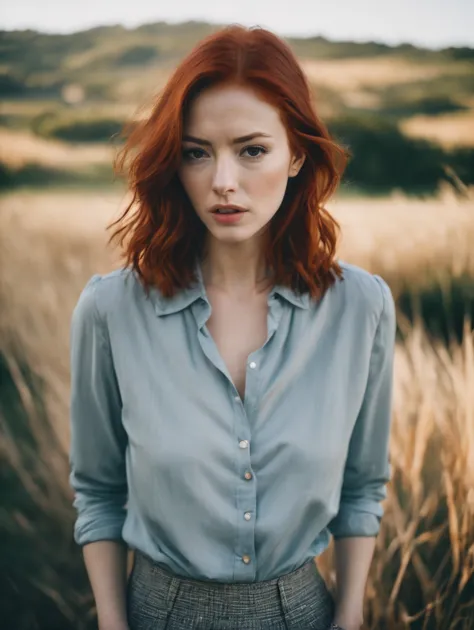 a woman with red hair standing in a field of tall grass