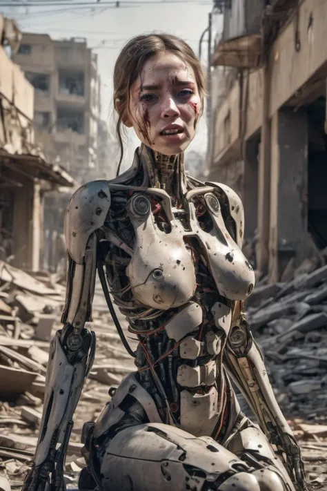 a woman in a suit sitting on a pile of rubble