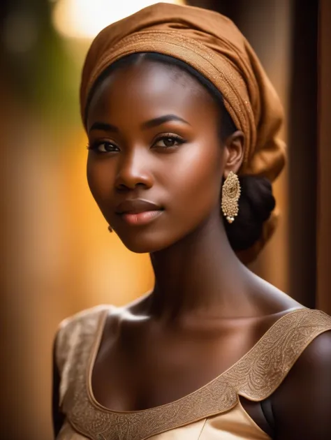 award winning portrait photo of an young ugandan woman, bokeh, backlit, (brown color in detail:1.1), telephoto, elegant atmosphe...