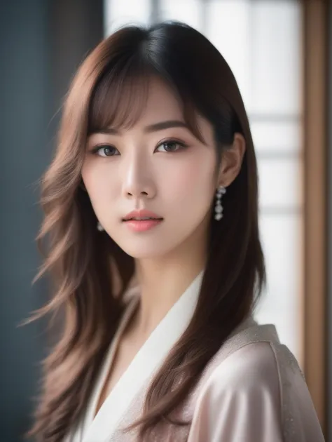 Professional photograph of a beautiful japan woman, medium shot, studio lighting, pastel colors, foreground, photorealism, shot on a Pentax 645Z, 85mm lens 1.4 aperture, complex background