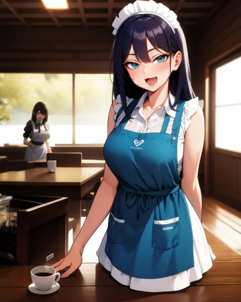 anime girl in a blue apron holding a cup of coffee