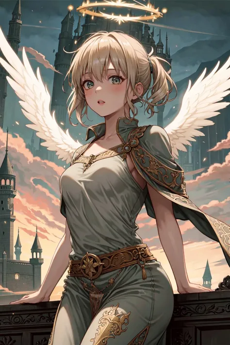 (masterpiece, best quality, detailed background, intricate details), floating castle, 1girl, angel, glowing halo, glowing wings,...
