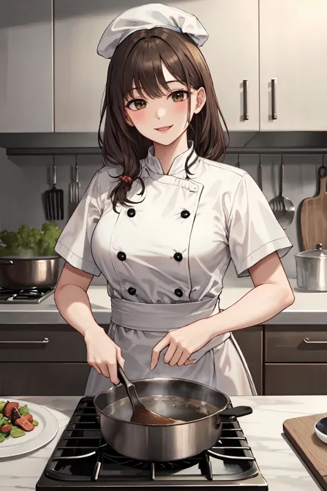 (masterpiece, best quality, detailed background, intricate details), fancy kitchen, 1girl, chef, cooking, brown hair, chef hat, ...