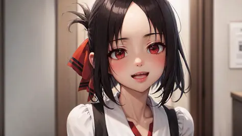 (anime style), masterpiece, depth of field, photorealistic, absurdres, wallpaper, best quality, 8k, best quality, cinematic lighting, 1girl, female, mature, portrait, detailled background,  <lora:CHAR-Kaguya:0.5>, shuuchiin academy uniform, shinomiya kaguya, red ribbon, ribbon, school uniform, dress, black_hair, solo, folded ponytail, hair ribbon, red eyes, sidelocks, parted bangs, looking at viewer, blush, facing viewer, smile, happy, joyful, :d, school, upper body,