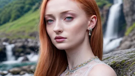 a close up of a woman with red hair and a waterfall in the background