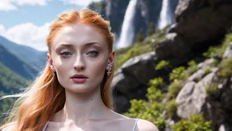 a woman with long red hair standing in front of a waterfall