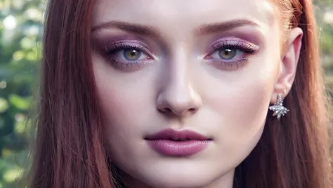 a close up of a woman with long red hair and a necklace