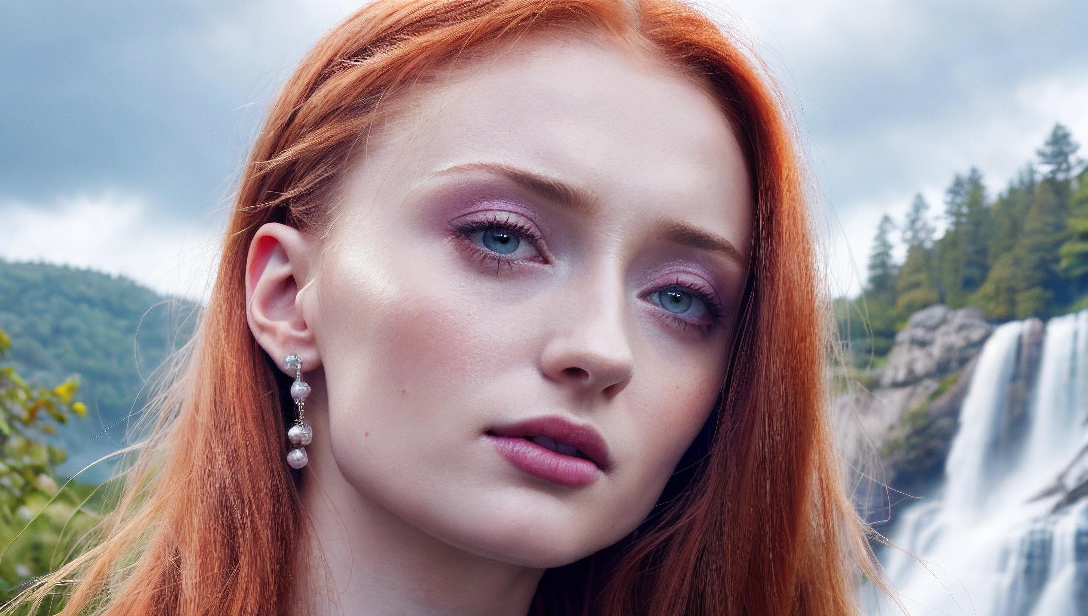 A close up of a woman with red hair and a waterfall in the background -  SeaArt AI