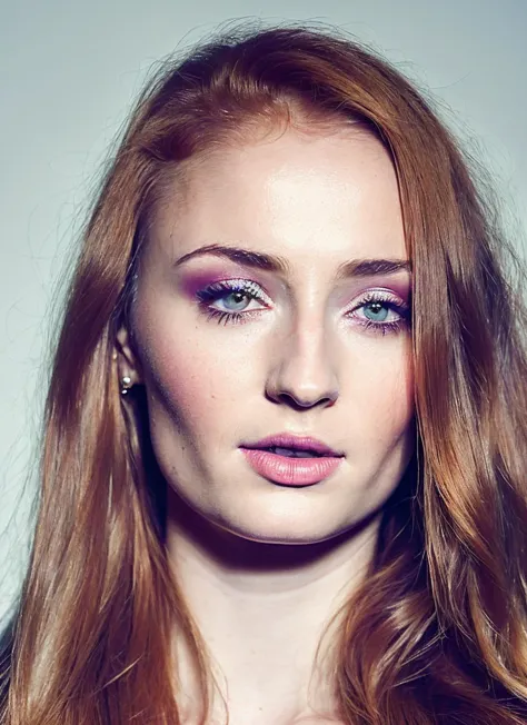 a close up of a woman with long red hair and a black top