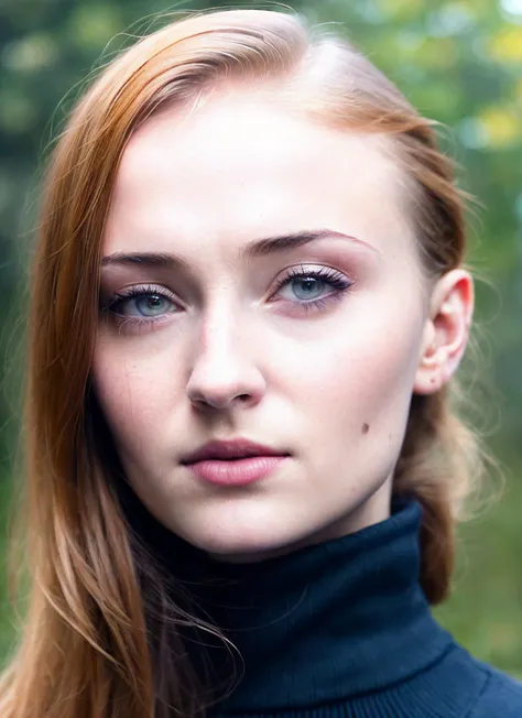 a close up of a woman with long red hair and a turtle neck