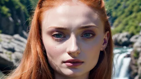 a close up of a woman with red hair and a waterfall in the background