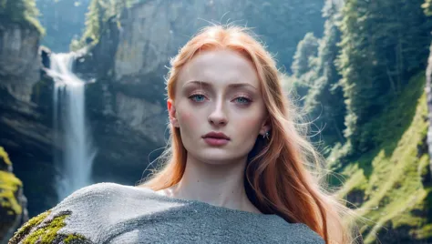 a woman with red hair standing in front of a waterfall