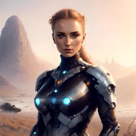 portrait of the most beautiful artwork in the world of sks woman, futuristic assassin, mechwarrior battle in background, <lora:lovecraftstyle-000007:0.4>, by Artgerm and Greg Rutkowski <lyco:sophieTurner_v10:1.3>