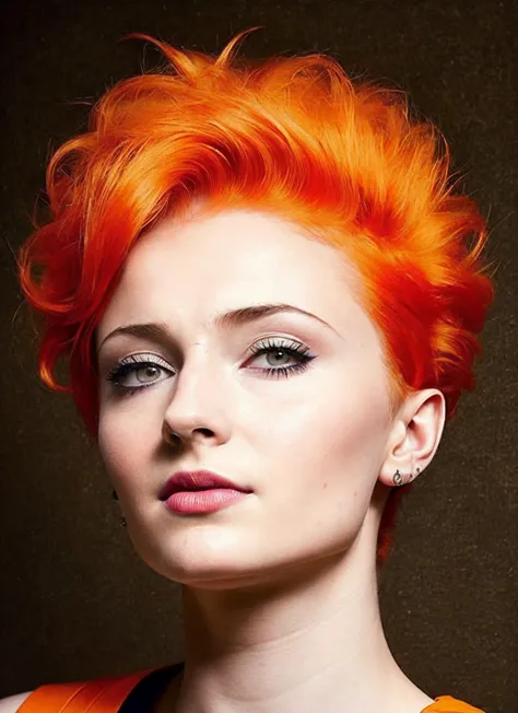 a close up of a woman with bright orange hair and a necklace