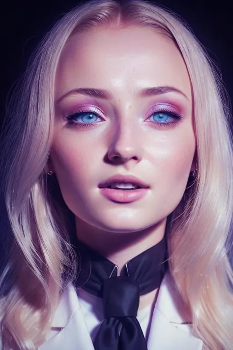 portrait of sks woman in tuxedo, (perfect eyes), energetic and colorful streams of light (photo, studio lighting, hard light, sony a7, 50 mm, matte skin, pores, concept art, colors, hyperdetailed), with professional color grading, soft shadows, bright colors, daylight, <lyco:sophieTurner_v10:1.3> <lora:epiNoiseoffset_v2:1.2>