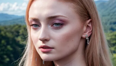 a close up of a woman with long hair and earrings