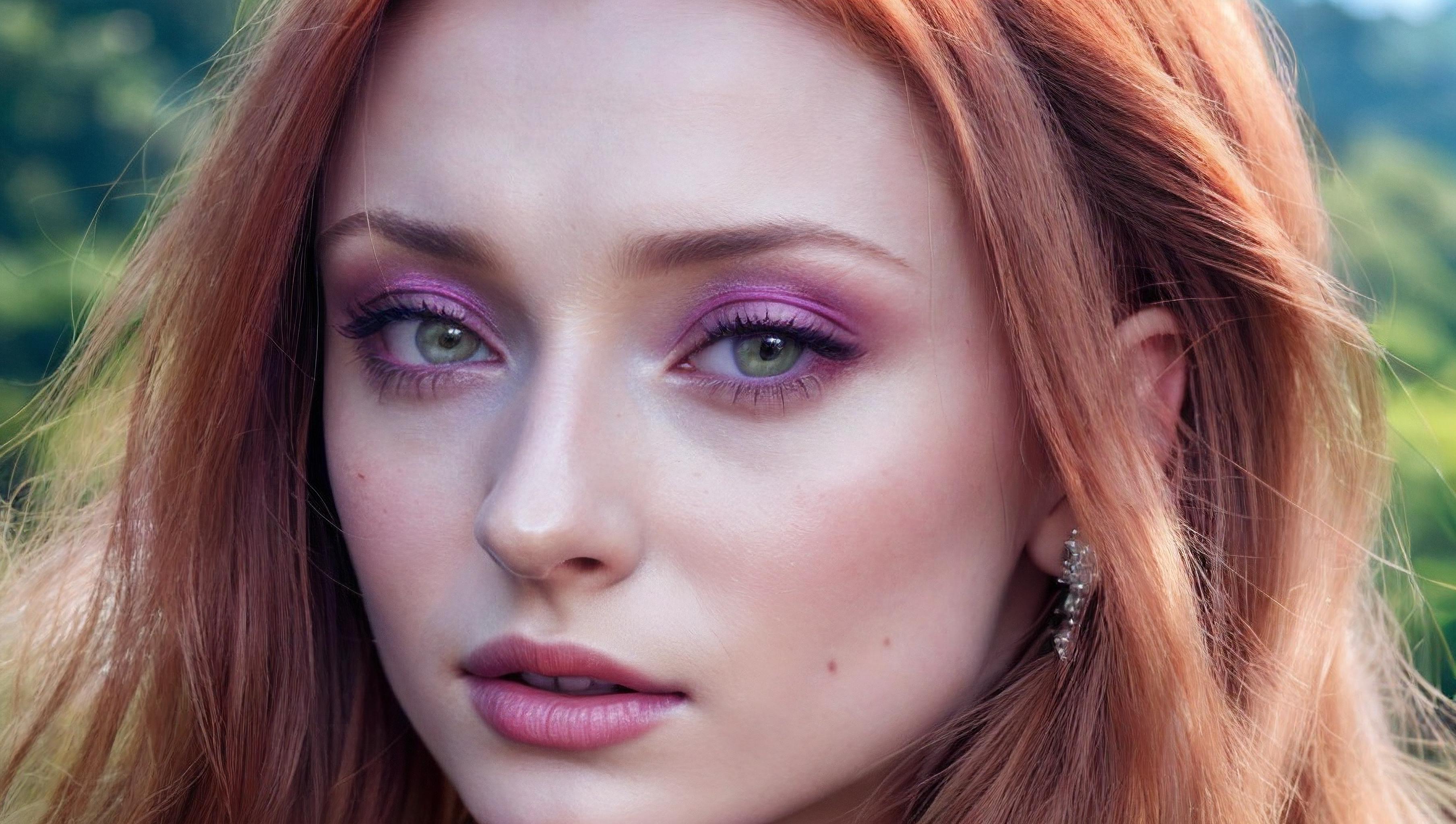 A close up of a woman with red hair and purple eyes - SeaArt AI