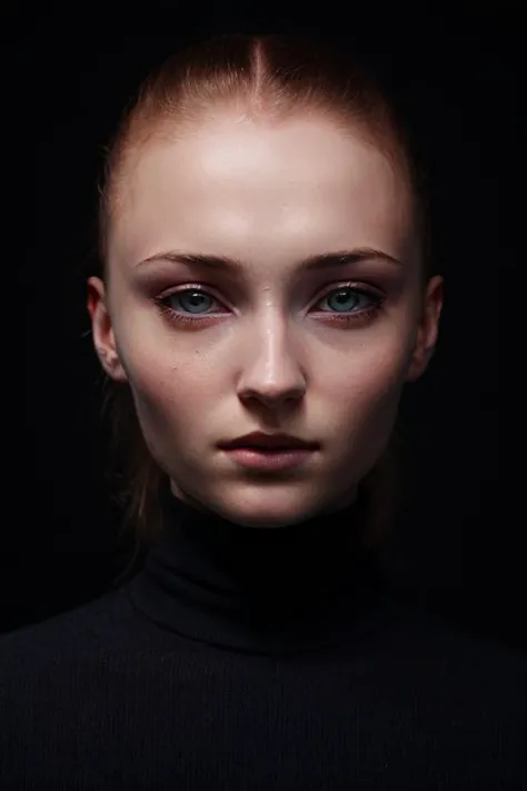 a woman with a black turtle neck top and a black background