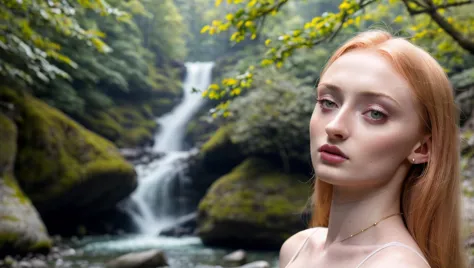 arafed woman with red hair standing in front of a waterfall