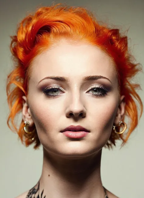 portrait of sks woman by Flora Borsi, style by Flora Borsi, bold, bright colours, orange Mohawk haircut, ((Flora Borsi)), <lora:locon_sophie_v1_from_v1_64_32:1.4>