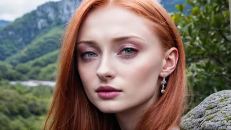 a close up of a woman with red hair and earrings