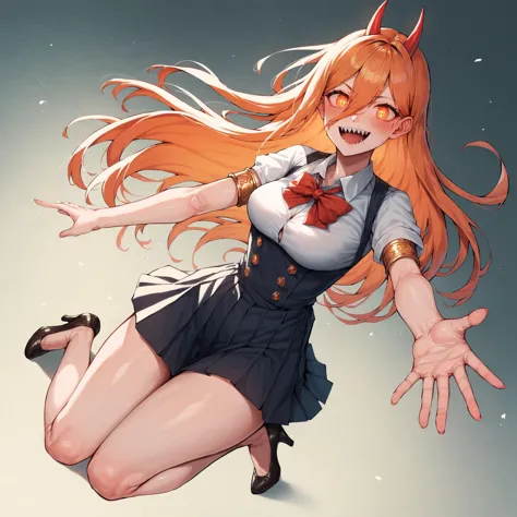 anime girl with horns and a skirt is flying in the air