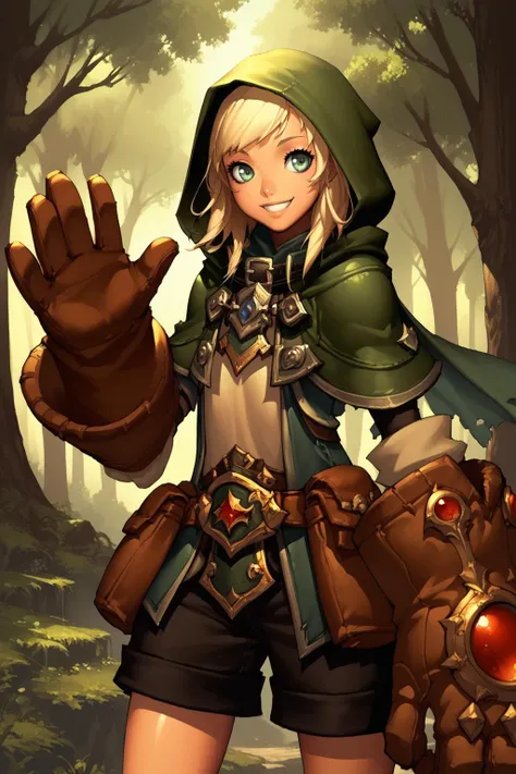 a woman in a green hoodie holding a brown glove and a brown glove