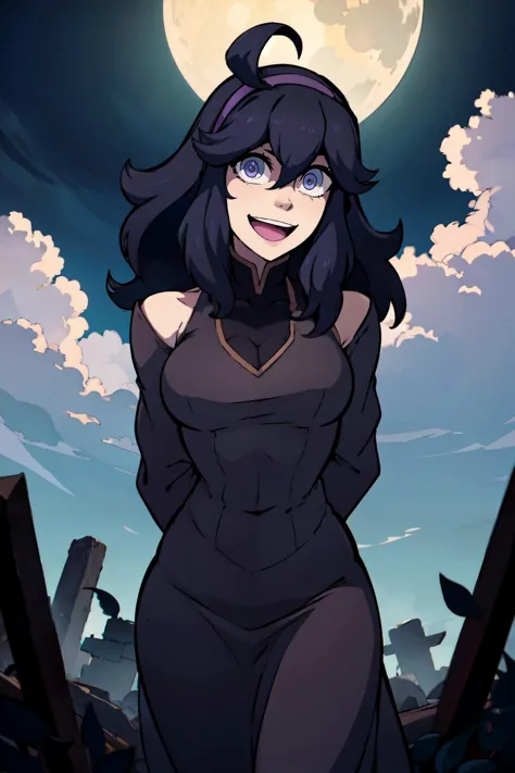 ((masterpiece,best quality)), absurdres,  <lora:The_Legend_of_Korra:0.7>,  <lora:Hex_Maniac_Pokemon_v2:0.8>, hex maniac (pokemon), long hair, ahoge, purple hairband, purple eyes, @_@, long black dress, smile, looking at viewer, cowboy shot, head tilt, full moon, graveyard, open mouth, hands behind back,