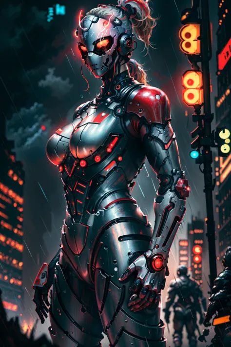 a woman in a futuristic suit stands in the rain