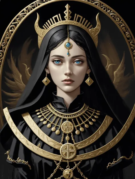 a digital painting of a woman with birds on her head, symmetrical epic fantasy art, portrait of a holy necromancer, gold black, ...