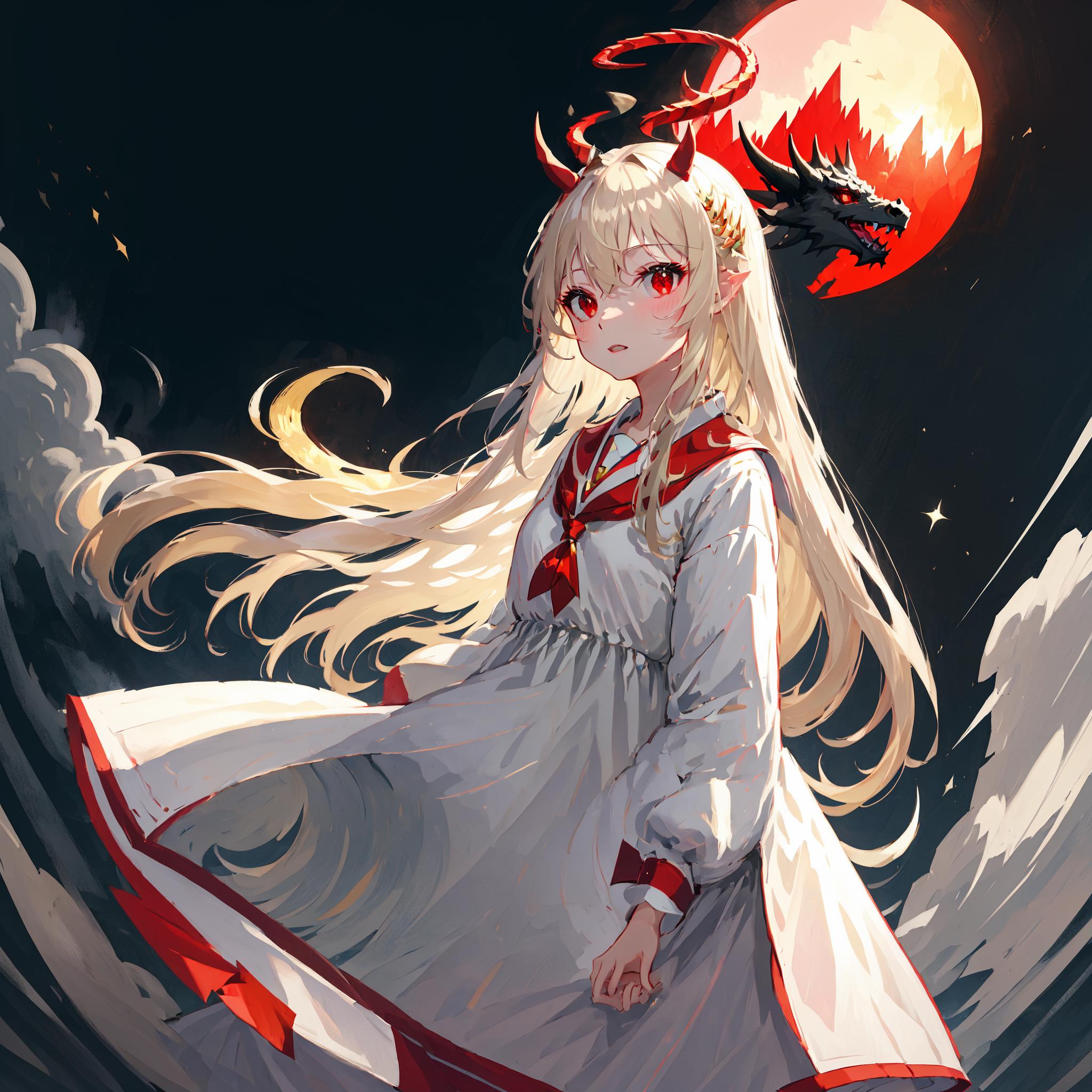 Anime girl with long white hair and red eyes in a white dress - SeaArt AI