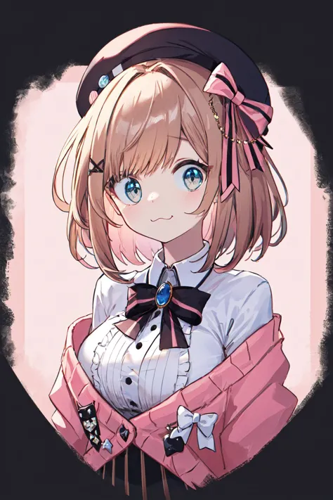 masterpiece, best quality, highres, hmsl1, beret, x hair ornament, medium hair, pink bow, large breasts, jewelry, pink cardigan, brooch, white shirt, vertical-striped skirt, <lora:suzuhara_lulu_v10:0.7>, (portrait:1.2), standing, smile, <lora:surprised_v100:1>, (:3:1.2), closed mouth,