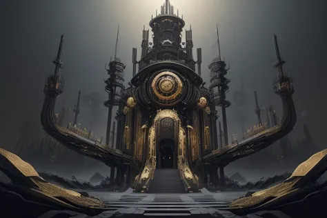 concept art chaos engine. gold and black. striking contrast. a digital rendering. cogs. gears. mechanisms. art deco. steampunk. ...