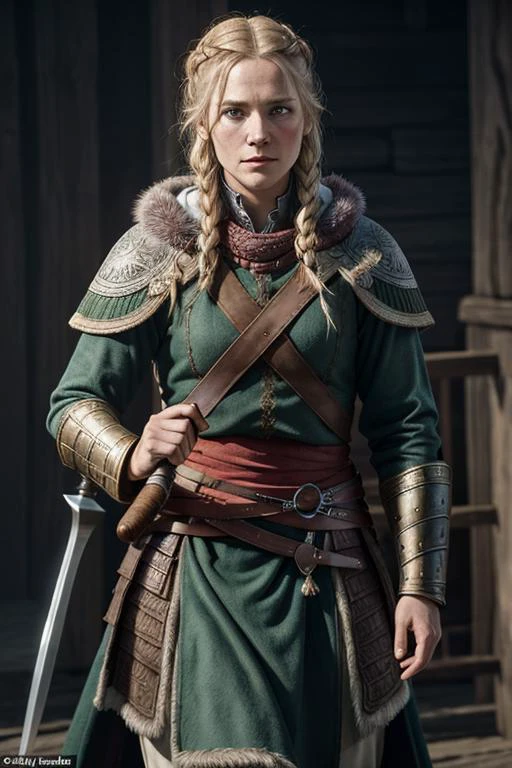 an Denmark actress Cecilie Stenspil who played the role  viking woman Eivor in Assassin's Creed - Valhalla, muscular body, tattoos, an old scar on her cheek, in coats of ring-mail, and in foreign helmets, standing in a fighting pose, swinging an axe