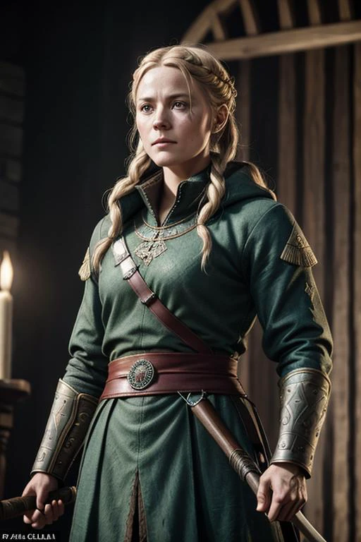 uma atriz dinamarquesa Cecilie Stenspil que interpretou o papel da mulher viking Eivor em Assassin&#39;s Creed - Valhalla, corpo musculoso, Tatuagens, uma velha cicatriz em sua bochecha, em cotas de malha, e em capacetes estrangeiros,  De pé em uma pose de luta, balançando um machado no campo de batalha