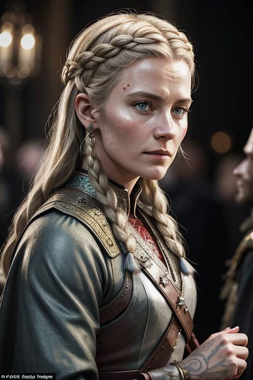 an Denmark actress Cecilie Stenspil who played the role  viking woman Eivor in Assassin's Creed - Valhalla, muscular body, tattoos, an old scar on her cheek, in coats of ring-mail, and in foreign helmets