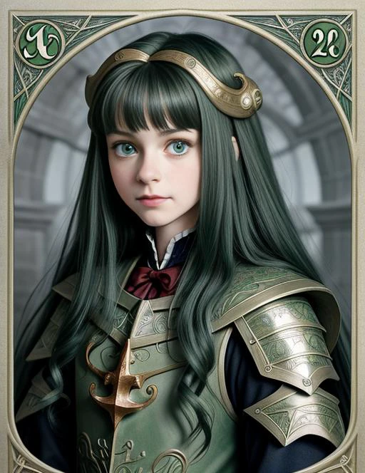 CLAMP style, extremely detailed, hyper detailed, (masterpiece) hogwarts  1girl young wizard slytherin armored,scandinavian folk art motif, sharp lines, designed by Brian Froud,