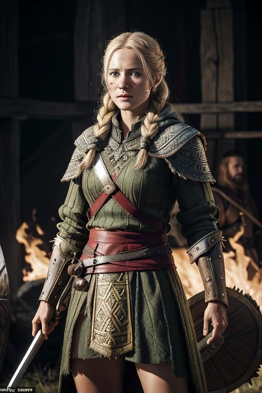 an Denmark actress Cecilie Stenspil who played the role  viking woman Eivor in Assassin's Creed - Valhalla, muscular body, tattoos, an old scar on her cheek, in coats of ring-mail, and in foreign helmets,  standing in a fighting pose, swinging an axe on the battlefield, around the corpses of fallen enemies and fire