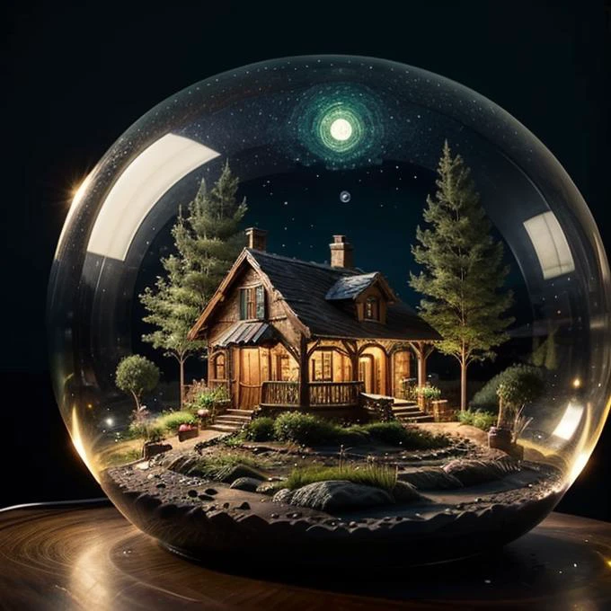 mini house, landscape, old fashion, nature, night light, a bubble, in the bubble, high detailed, masterpiece, best quality, (masterpiece,best quality:1.5)