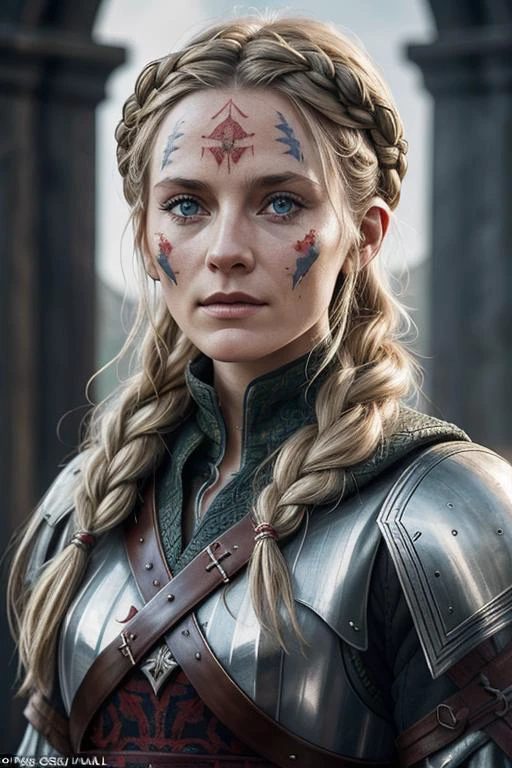 die dänische Schauspielerin Cecilie Stenspil, die in Assassin&#39;s Creed – Valhalla die Rolle der Wikingerin Eivor spielte, muskulöser Körper, Tätowierungen, eine alte Narbe auf ihrer Wange, in Kettenhemden, und in ausländischen Helmen