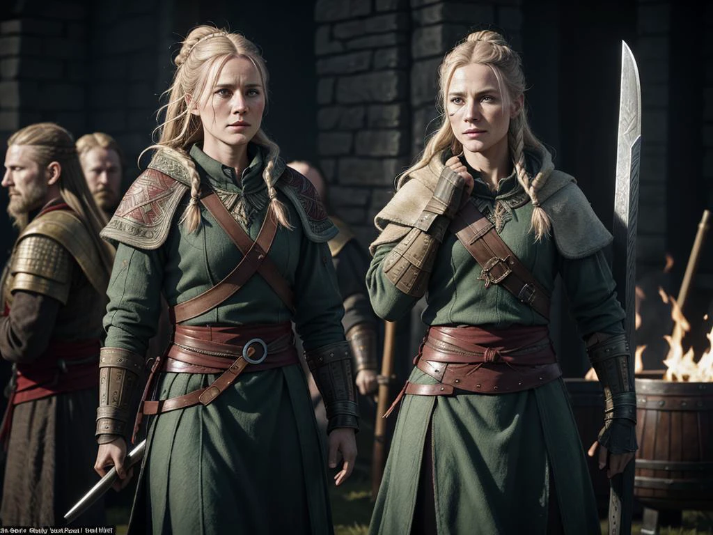 La actriz danesa Cecilie Stenspil, que interpretó el papel de la vikinga Eivor en Assassin&#39;s Creed - Valhalla., cuerpo musculoso, tatuajes, una vieja cicatriz en su mejilla, en abrigos de cota de malla, y en cascos extranjeros,  De pie en pose de lucha, blandiendo un hacha en el campo de batalla, alrededor de los cadáveres de los enemigos caídos y el fuego