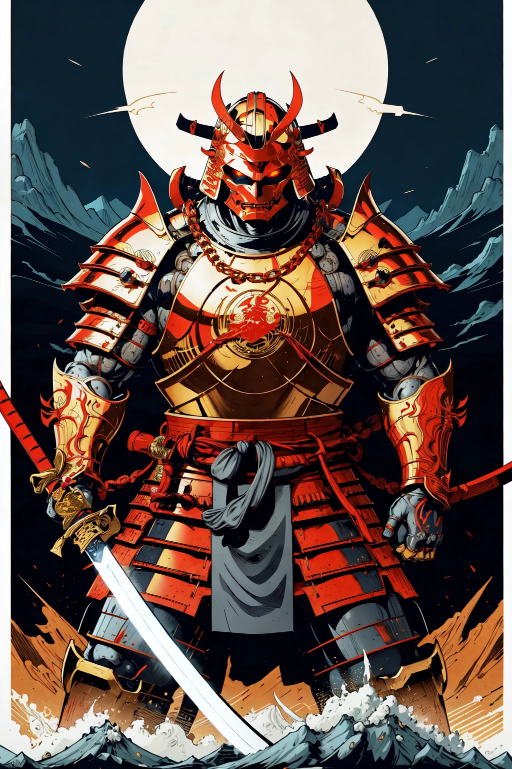 1 hombre, ( casco y máscara oni),  armadura samurai japonesa,   cadena de oro, ojos brillantes, mecha, estilo tradicional japonés ,(pose de katana) , montaña Fuji
, espacio negativo,      Líneas claras,  alto contraste,  simplificado
(estilo cómico), (arte lineal de colores:1.5)   