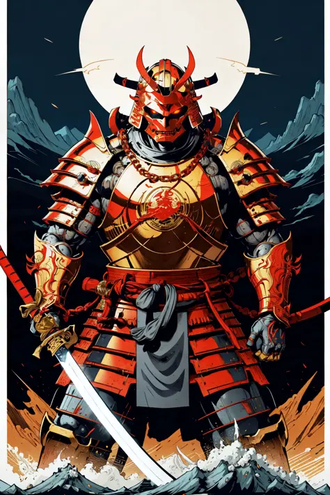 1man, ( oni  helmet and mask),  japanese samurai armor,   golden  chain, glowing eyes, mecha, japanese traditional style ,(katana pose) , fuji mountai
, negative space,      clear lines,  high contrast,  simplified
(comic style), (colored line art:1.5)   <...