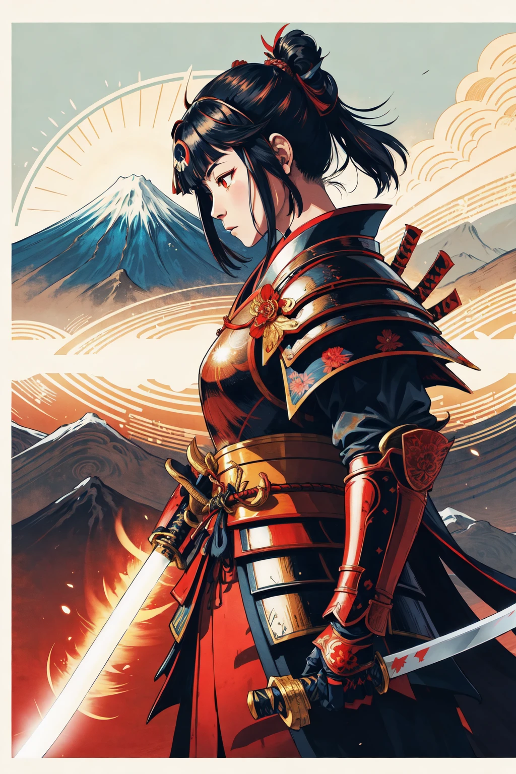 1 名女孩, 和服,   日本武士铠甲,  发光的眼睛,  日本传统风格 ,(武士刀, 居合斩击姿势) ,侧面图,  富士山, 太阳
, 负空间,       简化,  花的
(漫画风格), (彩色线条艺术)   
