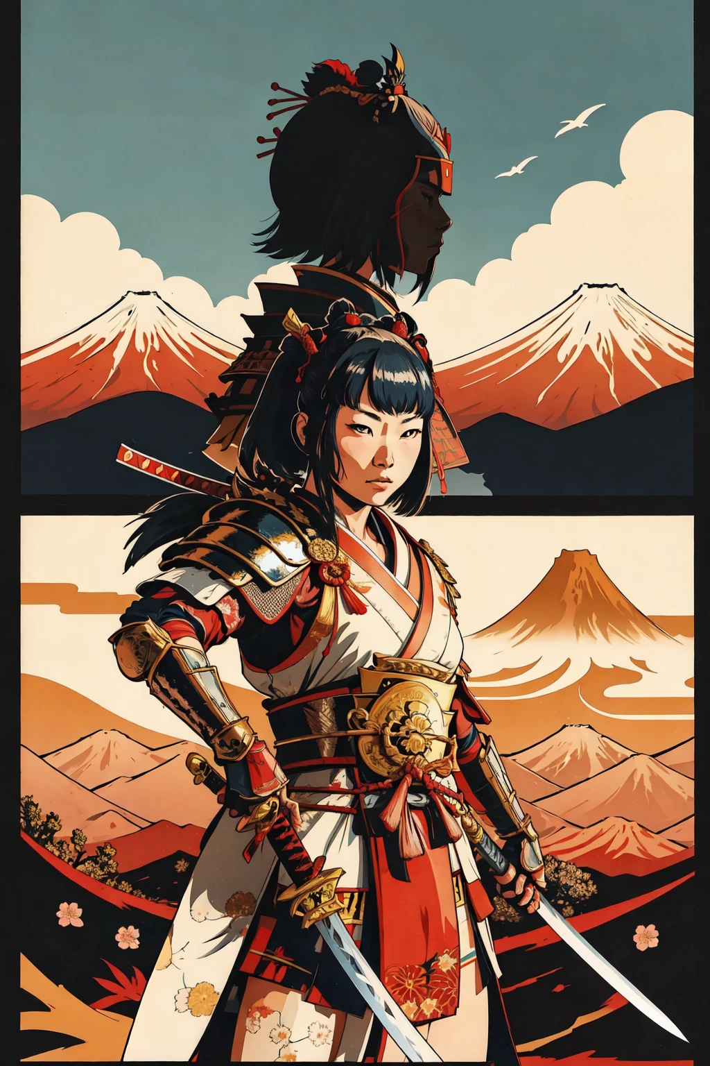 1 名女孩, 和服,   日本武士铠甲,     日本传统风格 ,(武士刀, 居合斩击姿势) ,过肩视角,  富士山, 太阳
, 负空间,       简化,  花的
(漫画风格), (彩色线条艺术)   