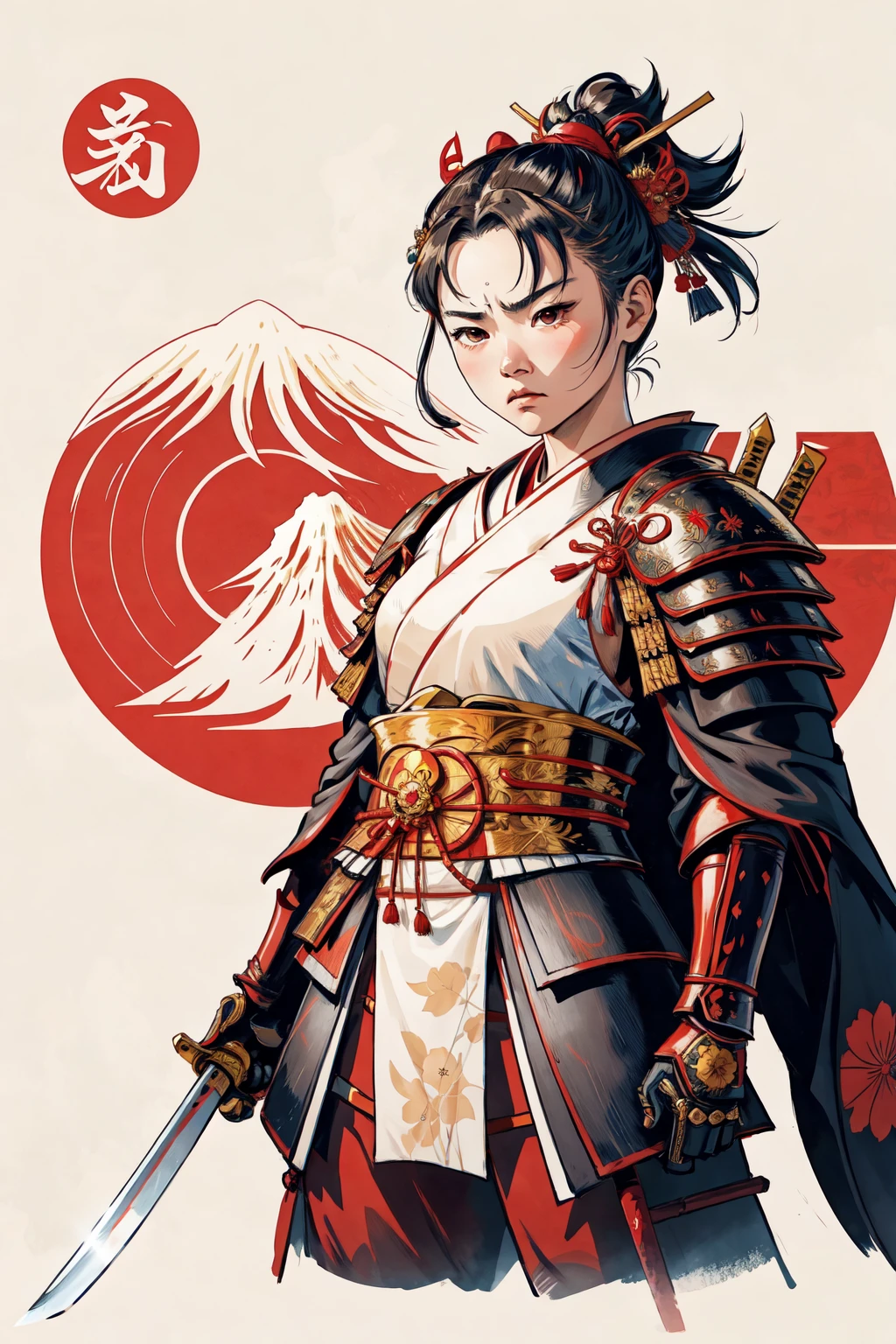1 名女孩, 憤怒的臉,  和服,   日本武士盔甲,     日本傳統風格 ,(揮舞武士刀) ,過肩看,  富士山, 太陽 
, 負空間,       簡化的,  花的
(漫画风格), (彩色線條藝術)   純粹的Erosface_v1